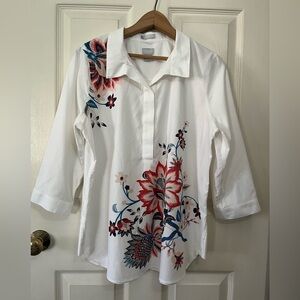 Chico's White Button-Front and Back Floral Tunic No Iron Chic Stretch
